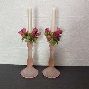Romantic Pink Frosted Glass Candlestick Holders‎ Set Elegant Home Decor Candles